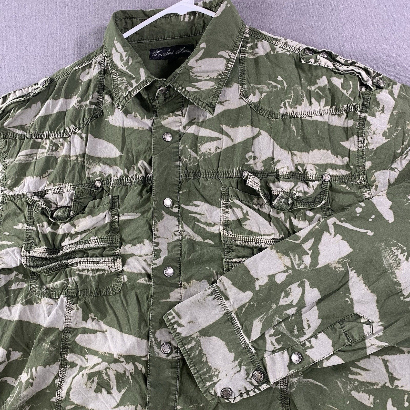 Knockout Jeans Shirt Men 3x Green Sea Print Canvas Pockets Metal Snap Button-Up